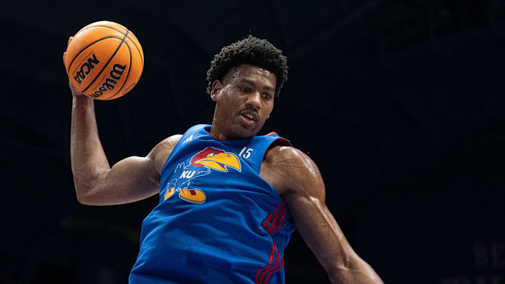 Kansas men's basketball's Bryson Tiller (15) rebounds the ball during Late Night in the Phog, Friday, Oct. 17, 2025 at Allen Fieldhouse .