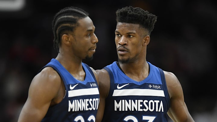 Andrew Wiggins and Jimmy Butler during the Timberwolves' 140–138 overtime loss to the Cavaliers on Feb. 7, 2018.