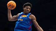 Kansas men's basketball's Bryson Tiller (15) rebounds the ball during Late Night in the Phog, Friday, Oct. 17, 2025 at Allen Fieldhouse .