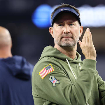 Dallas Cowboys head coach Brian Schottenheimer looks on before the game against the Arizona Cardinals at AT&T Stadium.