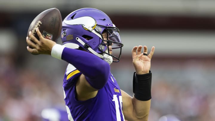 Aug 17, 2024; Cleveland, Ohio, USA; Minnesota Vikings quarterback Jaren Hall (16) throws the ball against the Cleveland Browns during the fourth quarter at Cleveland Browns Stadium.