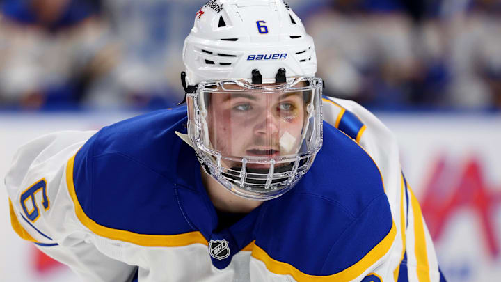 Oct 15, 2025; Buffalo, New York, USA;  Buffalo Sabres left wing Zach Benson (6) waits for the face-off during the second period against the Ottawa Senators at KeyBank Center. Mandatory Credit: Timothy T. Ludwig-Imagn Images