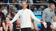 Mar 29, 2024; Albany, NY, USA; Oregon State Beavers head coach Scott Rueck reacts to a call on the court during the second half in the semifinals of the Albany Regional of the 2024 NCAA Tournament at the MVP Arena at MVP Arena. Mandatory Credit: Gregory Fisher-Imagn Images