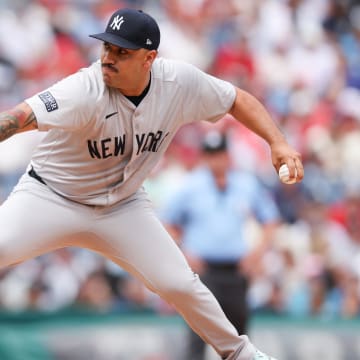 Jul 31, 2024; Philadelphia, Pennsylvania, USA;  New York Yankees pitcher Nestor Cortes (65) throws a pitch during the first inning against the Philadelphia Phillies at Citizens Bank Park.