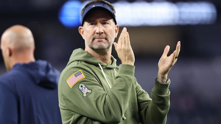 Nov 3, 2025; Arlington, Texas, USA; Dallas Cowboys head coach Brian Schottenheimer looks on before the game against the Arizona Cardinals at AT&T Stadium.