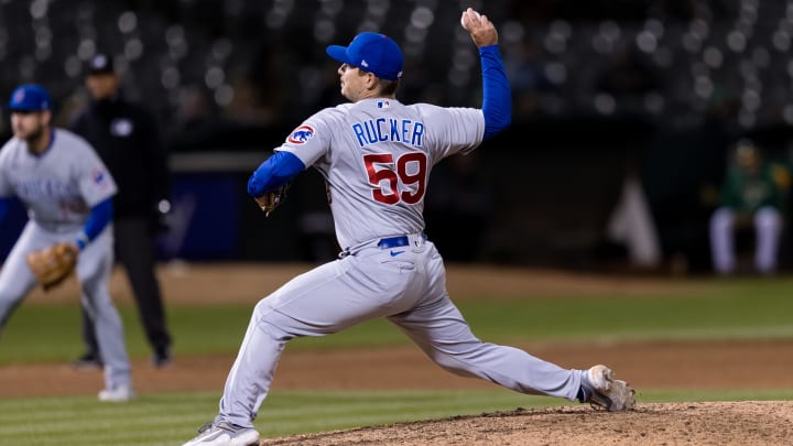 Apr 18, 2023; Oakland, California, USA;  Chicago Cubs closing pitcher Michael Rucker (59) throws against the Oakland Athletics during the ninth inning at RingCentral Coliseum