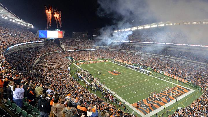 Nov 16, 2015; Cincinnati, OH, USA; French flag on the video screen during a moment of silence for Paris terrorist attack victims before the NFL game between the Houston Texans and the Cincinnati Bengals at Paul Brown Stadium. Mandatory Credit: Kirby Lee-Imagn Images