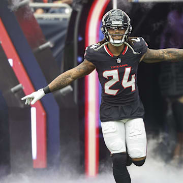 Oct 27, 2024; Houston, Texas, USA; Houston Texans cornerback Derek Stingley Jr. (24) runs onto the field before the game against the Indianapolis Colts at NRG Stadium. Mandatory Credit: Troy Taormina-Imagn Images