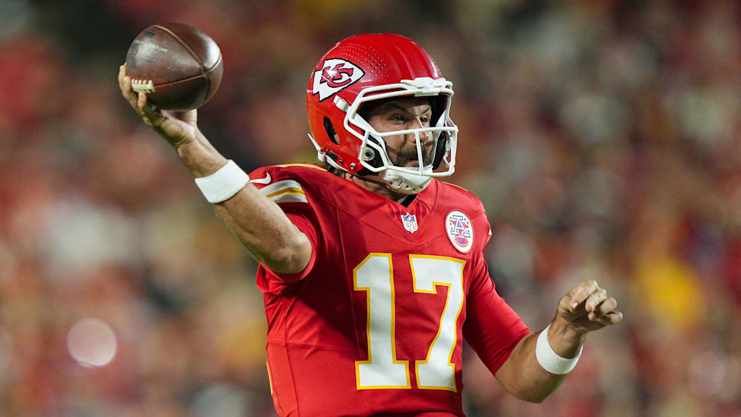 Kansas City Chiefs quarterback Gardner Minshew (17) throws a pass during the first half against the Chicago Bears at GEHA Field at Arrowhead Stadium. 