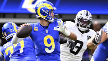 Oct 20, 2024; Inglewood, California, USA; Los Angeles Rams quarterback Matthew Stafford (9) throws a pass during the first half against the Las Vegas Raiders at SoFi Stadium. Mandatory Credit: Alex Gallardo-Imagn Images