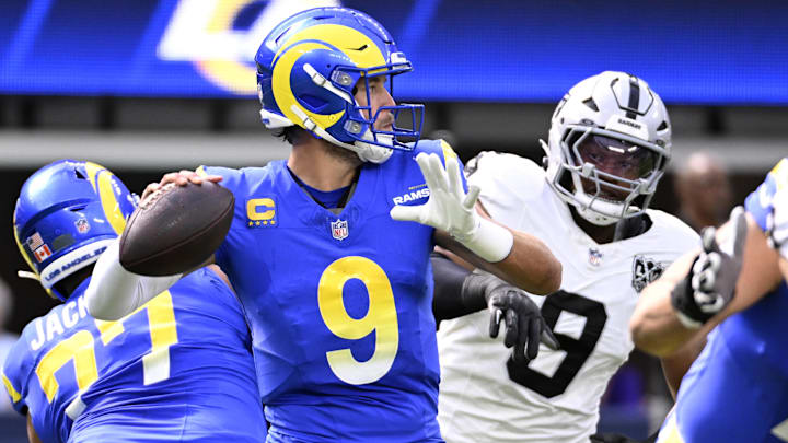 Oct 20, 2024; Inglewood, California, USA; Los Angeles Rams quarterback Matthew Stafford (9) throws a pass during the first half against the Las Vegas Raiders at SoFi Stadium. Mandatory Credit: Alex Gallardo-Imagn Images