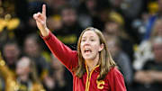 Feb 2, 2025; Iowa City, Iowa, USA; USC Trojans head coach Lindsay Gottlieb reacts during the fourth quarter against the Iowa Hawkeyes at Carver-Hawkeye Arena. Mandatory Credit: Jeffrey Becker-Imagn Images