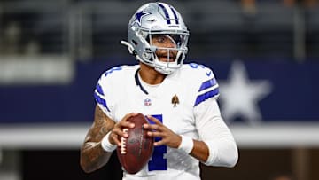 Aug 16, 2025; Arlington, Texas, USA;  Dallas Cowboys quarterback Dak Prescott (4) warms up before the game against the Baltimore Ravens at AT&T Stadium. Mandatory Credit: Kevin Jairaj-Imagn Images