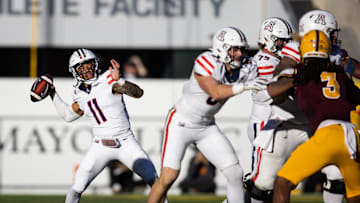 Nov 25, 2023; Tempe, Arizona, USA; Arizona Wildcats quarterback Noah Fifita (11) against the Arizona State Sun Devils in the Territorial Cup at Mountain America Stadium. Mandatory Credit: Mark J. Rebilas-USA TODAY Sports