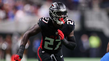 Aug 8, 2025; Atlanta, Georgia, USA; Atlanta Falcons linebacker James Pearce Jr. (27) rushes the passer against the Detroit Lions in the second quarter at Mercedes-Benz Stadium. Mandatory Credit: Brett Davis-Imagn Images