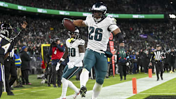 Dec 1, 2024; Baltimore, Maryland, USA;Philadelphia Eagles running back Saquon Barkley (26) celebrates scoring a touchdown   during the second  half  against the Baltimore Ravens at M&T Bank Stadium. Mandatory Credit: Tommy Gilligan-Imagn Images