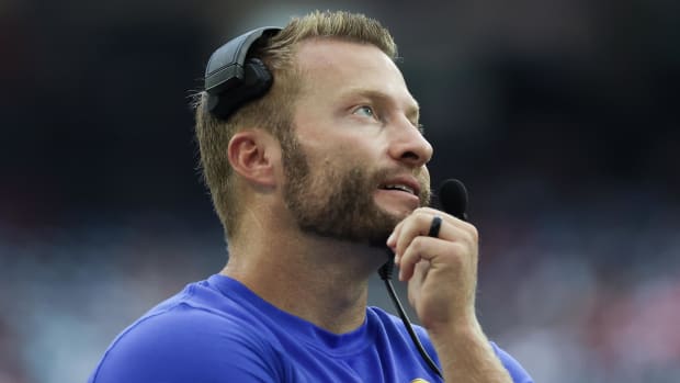 Los Angeles Rams head coach Sean McVay walks the sidelines as he coaches against the Houston Texans in the fourth quarter