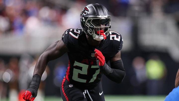 Aug 8, 2025; Atlanta, Georgia, USA; Atlanta Falcons linebacker James Pearce Jr. (27) rushes the passer against the Detroit Lions in the second quarter at Mercedes-Benz Stadium. Mandatory Credit: Brett Davis-Imagn Images