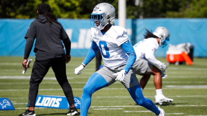 Detroit Lions cornerback Terrion Arnold (0).