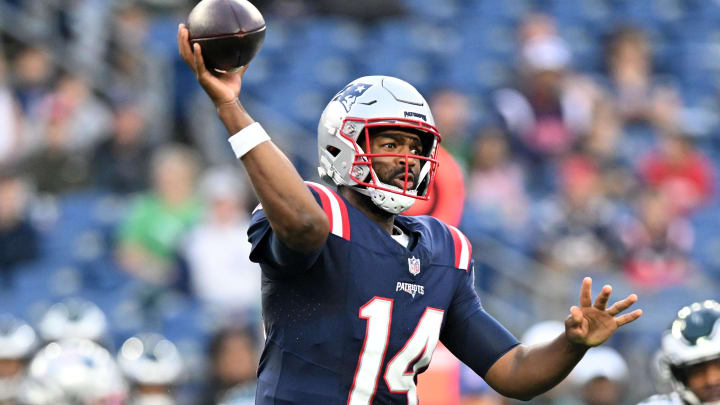 Aug 15, 2024; Foxborough, Massachusetts, USA; New England Patriots quarterback Jacoby Brissett (14) throws the ball against the Philadelphia Eagles during the first half at Gillette Stadium. Mandatory Credit: Brian Fluharty-USA TODAY Sports