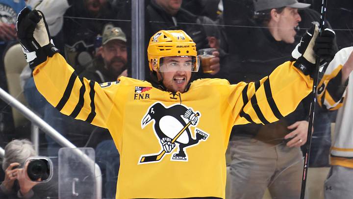 Feb 26, 2026; Pittsburgh, Pennsylvania, USA;  Pittsburgh Penguins defenseman Connor Clifton (75) celebrates after scoring a goal against the New Jersey Devils during the third period at PPG Paints Arena. Mandatory Credit: Charles LeClaire-Imagn Images