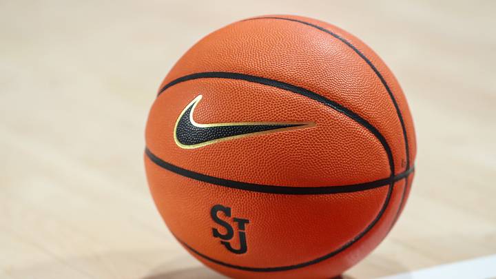 Nov 25, 2023; Queens, New York, USA;  A Nike basketball with the St. John's Red Storm logo at Carnesecca Arena. Mandatory Credit: Wendell Cruz-USA TODAY Sports