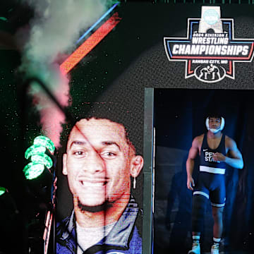 Penn State wrestler Carter Starocci enters the arena at the 2024 NCAA Wrestling Championships. 