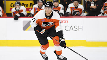 Sep 26, 2024; Philadelphia, Pennsylvania, USA; Philadelphia Flyers defenseman Adam Ginning (13) during the first period against the New York Islanders at Wells Fargo Center. 