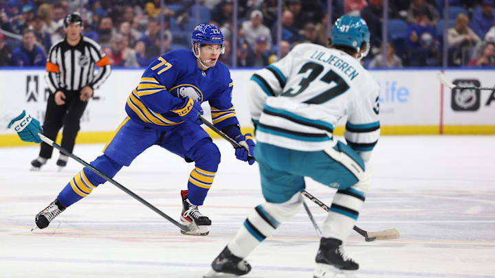 Mar 4, 2025; Buffalo, New York, USA;  Buffalo Sabres right wing JJ Peterka (77) looks to make a pass as San Jose Sharks defenseman Timothy Liljegren (37) defends during the second period at KeyBank Center. Mandatory Credit: Timothy T. Ludwig-Imagn Images