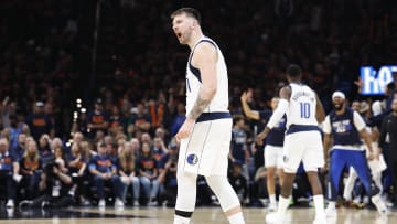 Dallas Mavericks guard Luka Doncic (77) celebrates.