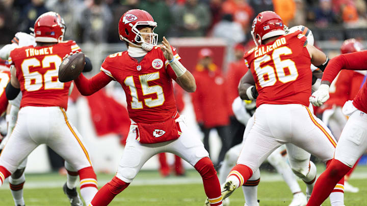 Dec 15, 2024; Cleveland, Ohio, USA; Kansas City Chiefs quarterback Patrick Mahomes (15) throws against the Cleveland Browns during the second quarter at Huntington Bank Field. Mandatory Credit: Scott Galvin-Imagn Images