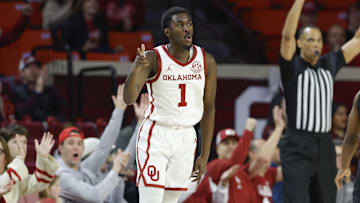 Feb 22, 2025; Norman, Oklahoma, USA; Oklahoma Sooners guard Kobe Elvis (1) gestures after scoring against the Mississippi State Bulldogs during the first half at Lloyd Noble Center. Mandatory Credit: Alonzo Adams-Imagn Images