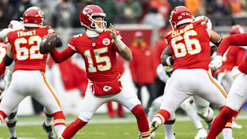 Dec 15, 2024; Cleveland, Ohio, USA; Kansas City Chiefs quarterback Patrick Mahomes (15) throws against the Cleveland Browns during the second quarter at Huntington Bank Field. Mandatory Credit: Scott Galvin-Imagn Images