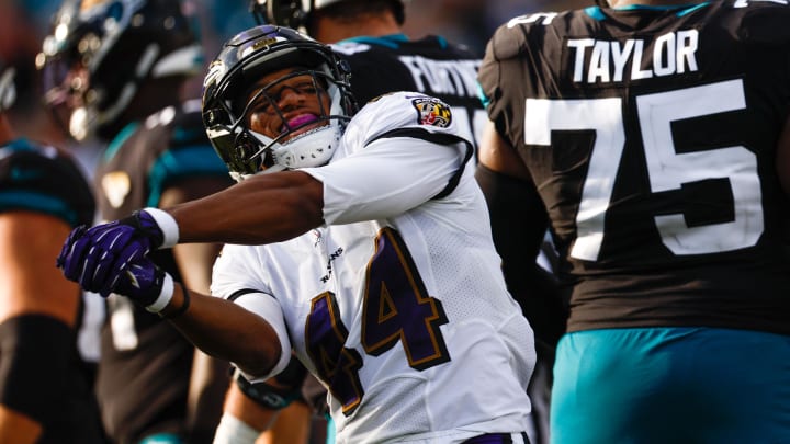 Nov 27, 2022; Jacksonville, Florida, USA; Baltimore Ravens cornerback Marlon Humphrey (44) reacts against the Jacksonville Jaguars during the fourth quarter at TIAA Bank Field. Mandatory Credit: Douglas DeFelice-USA TODAY Sports