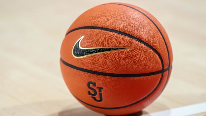 Nov 25, 2023; Queens, New York, USA;  A Nike basketball with the St. John's Red Storm logo at Carnesecca Arena.