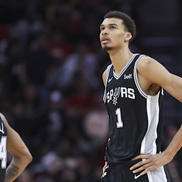 Mar 5, 2024; Houston, Texas, USA; San Antonio Spurs center Victor Wembanyama (1) reacts after a play during the fourth quarter against the Houston Rockets at Toyota Center. Mandatory Credit: Troy Taormina-Imagn Images