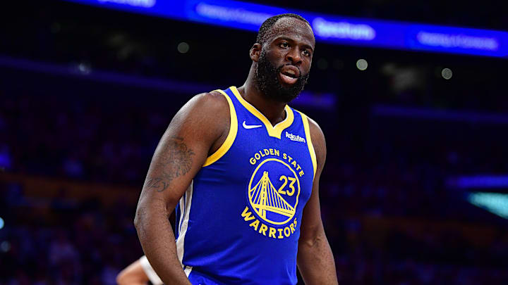 Feb 7, 2026; Los Angeles, California, USA; Golden State Warriors forward Draymond Green (23) reacts during the first half at Crypto.com Arena. Mandatory Credit: Gary A. Vasquez-Imagn Images
