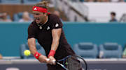 Alexander Zverev hits a backhand against Arthur Fils on day nine of the Miami Open at Hard Rock Stadium. 