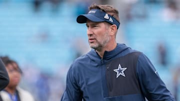 Oct 12, 2025; Charlotte, North Carolina, USA; Dallas Cowboys head coach Brian Schottenheimer looks on before the game against the Carolina Panthers at Bank of America Stadium. Mandatory Credit: Scott Kinser-Imagn Images