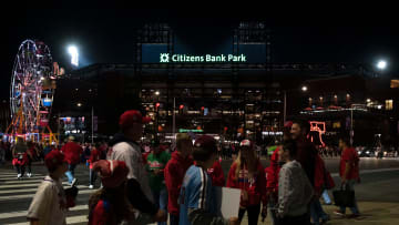 Phillies fans gather outside Citizens Bank Park before the World Series against the Astros.