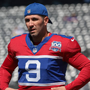 Sep 8, 2024; East Rutherford, New Jersey, USA; New York Giants place kicker Graham Gano (9) on the field before the game against the Minnesota Vikings at MetLife Stadium.  