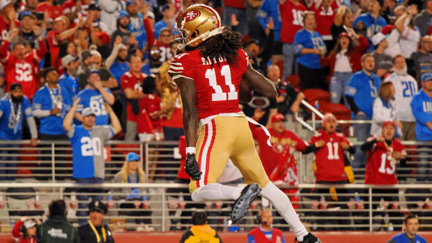 Jan 28, 2024; Santa Clara, California, USA; San Francisco 49ers wide receiver Brandon Aiyuk (11) reacts after catching a ball