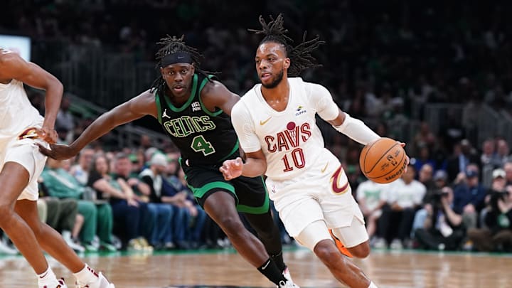 May 15, 2024; Boston, Massachusetts, USA; Cleveland Cavaliers guard Darius Garland (10) drives to the basket