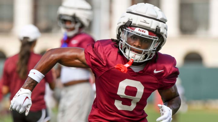 The Crimson Tide football team continued practice Thursday, Aug. 1, 2024, as they prepare for the season opener and the first game under new head coach Kalen DeBoer. Alabama defensive back Jaylen Mbakwe (9) backpedals during a defensive drill.