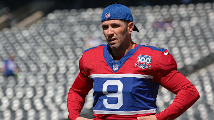 Sep 8, 2024; East Rutherford, New Jersey, USA; New York Giants place kicker Graham Gano (9) on the field before the game against the Minnesota Vikings at MetLife Stadium.  