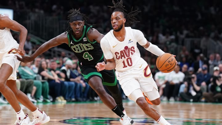 May 15, 2024; Boston, Massachusetts, USA; Cleveland Cavaliers guard Darius Garland (10) drives the ball against Boston Celtics guard Jrue Holiday (4) in the first quarter during game five of the second round for the 2024 NBA playoffs at TD Garden.