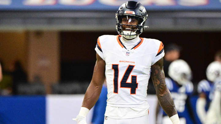 Aug 11, 2024; Indianapolis, Indiana, USA; Denver Broncos wide receiver Courtland Sutton (14) smiles during warm ups before the game against the Indianapolis Colts at Lucas Oil Stadium. Mandatory Credit: Marc Lebryk-USA TODAY Sports