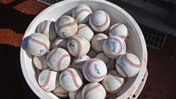 Apr 6, 2024; Kansas City, Missouri, USA;  A general view of a bucket of baseballs prior to a game between the Kansas City Royals and Chicago White Sox at Kauffman Stadium. Mandatory Credit: Peter Aiken-USA TODAY Sports