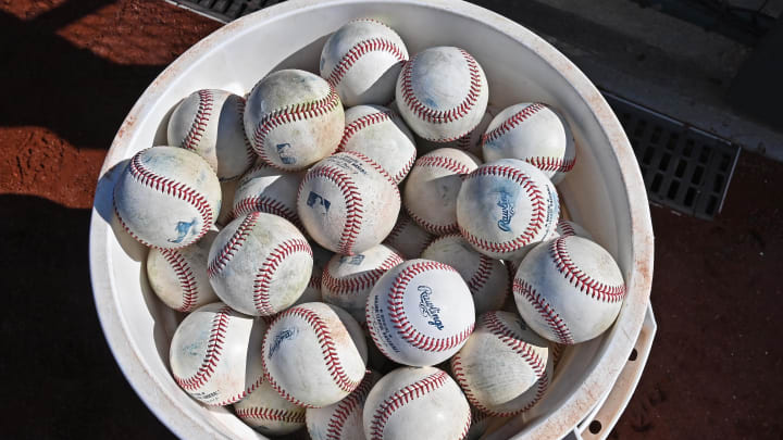 Apr 6, 2024; Kansas City, Missouri, USA;  A general view of a bucket of baseballs prior to a game between the Kansas City Royals and Chicago White Sox at Kauffman Stadium. Mandatory Credit: Peter Aiken-USA TODAY Sports