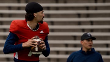 UTEP sophomore quarterback Malachi Nelson looks to pass the ball during spring practice at the Sun Bowl in El Paso, Texas, on Friday, April 4, 2025.